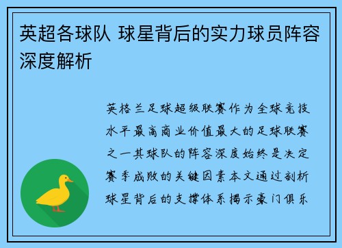 英超各球队 球星背后的实力球员阵容深度解析