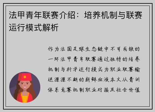 法甲青年联赛介绍：培养机制与联赛运行模式解析