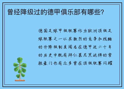 曾经降级过的德甲俱乐部有哪些？